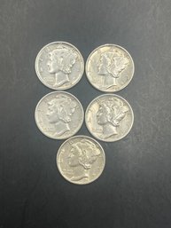 5 Uncirculated Mercury Dimes 1939, 1940, 1941, 1943, 1944