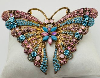 LARGE BEAUTIFUL GOLD, BLUE, PINK GOLD TONE BUTTERFLY BROOCH