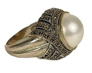 Large Sterling Silver Ladies Ring With Large Pearl Designer About Size 8