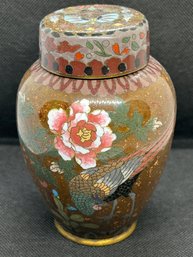 Superb Antique Ca. 1880 Japanese Meiji Period Covered Cloisonne Jar- Peacock, Peony And Moth Motif