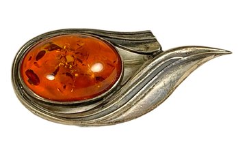 Vintage Sterling Silver Genuine Amber Brooch