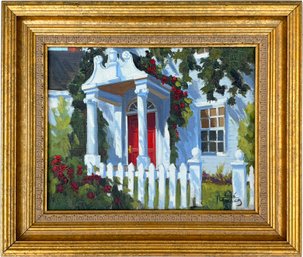 An Original Oil On Canvas, New England School, Red Door Picket Fence, By Line Tutwiler (American)