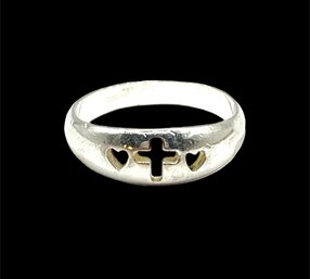 Vintage Sterling Silver Cut Out Cross And Hearts Ring, Size 6.75