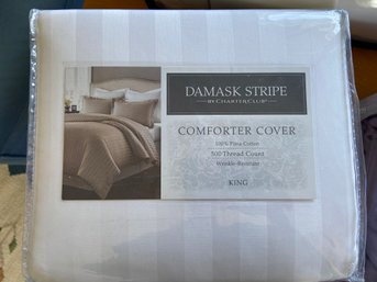 White NEW Damask Stripe Charter Club KING Comforter Cover 500 Thread Count Pima Cotton