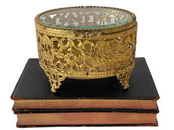 Vintage Oval Ormolu Trinket Box With Beveled Glass