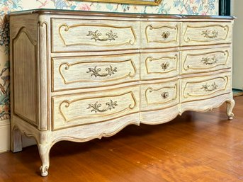 A Vintage Painted Wood French Provincial Dresser By White Fine Furniture With Custom Glass Top