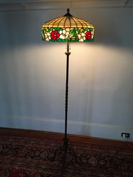 Incredible Antique Signed - Stained / Leaded Glass Floor Lamp - Works Fine - Fantastic Ornate Iron Base