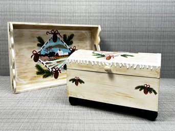 A Winter Themed Wood Box And Tray - Hand Painted