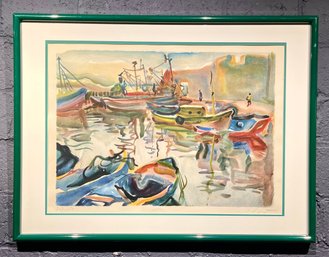 Colorful Vintage Irene Awret Abstract Akko Harbor Lithograph Signed And Numbered