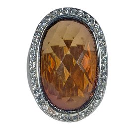 Silver Tone Large Fashion Ring With Amber Colored Faceted Stone About Size 7