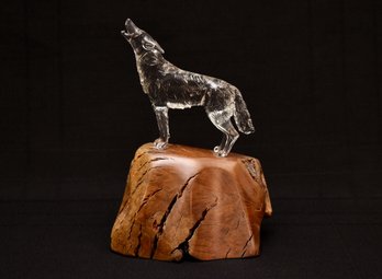Crystal Howling Wolf On Wood Sculpture
