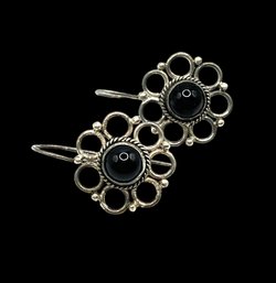 Vintage Sterling Silver Onyx Color Flower Earrings