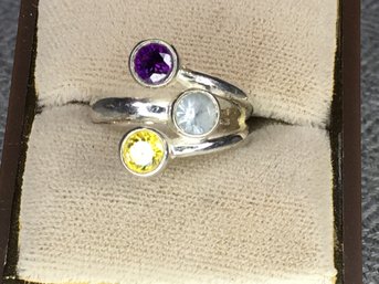 Very Pretty 925 / Sterling Silver Multi Gemstone Ring - Amethyst - Yellow Topaz - White Topaz - Very Pretty !