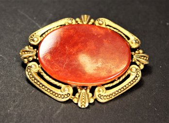 Gold Tone Oval Brooch Red Bakelite Plastic