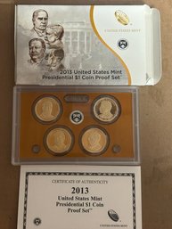 Beautiful 2013 U.S. Mint Presidential Dollar Coin Proof Set Complete With Box & COA