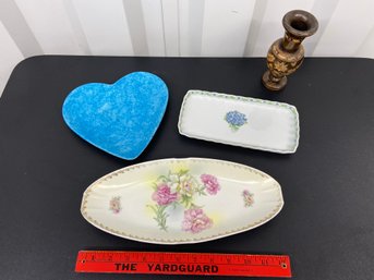 Ceramic Candy / Trinket Plates Heart Shaped, Retangle, Oval No Chips  Wooden Bud Vase