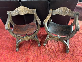 Pair Of Savonarola Style Chairs In Leather & Hardwood