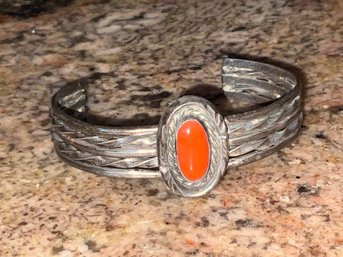 Beautiful Vintage Native American Coral Cabochon And Silver Cuff Bracelet