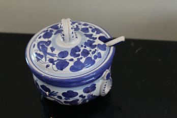 Blue / White Small Covered Dish W Spoon