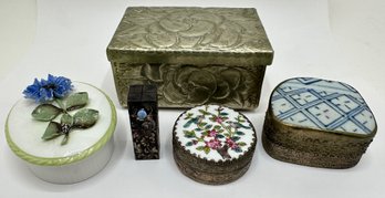 Antique Lipstick In Holder & 3 Vintage Tin Trinket Boxes & 1 Porcelain Aynsley Box With Flower