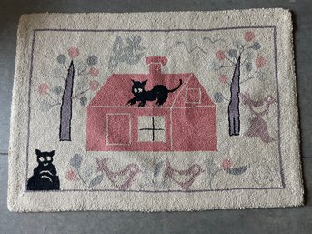Vintage Folk Art Hooked Rug, Two Black Cats (a) 39' X28'