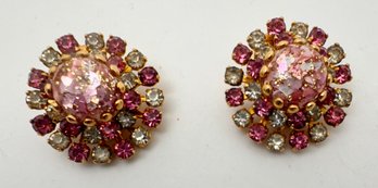 VINTAGE SIGNED WEISS NY PINK & WHITE RHINESTONE CLIP-ON EARRINGS