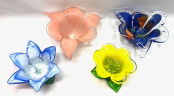 Collection Of 4 Murano Style Hand-blown Figural Floral Art Glass Bowls