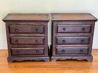 * Pair Of Antique Heavy Wood Three Drawer Side Tables