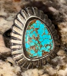 Beautiful Signed Silver And Turquoise Native American Ring 6 3/4