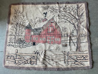 Vintage Folk Art Hooked Rug, A Red Barn (b) 45' X36'