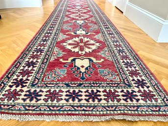 Oriental Style Fringed Wool Runner With Aztec Design