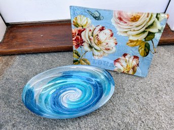 Floral Glass Platter With Blue Sparkle Bowl