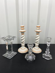 Collection Of Candlestick Holders: Crystal Glass 'the Palm' 5in To 7.25in Pair Of Ceramic Made In Italy 11in