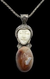 Italian Sterling Silver Rope Chain With Hand Carved Face And Oval Smokey Pink Agate Stone Pendant