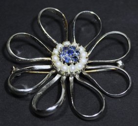 Sterling Silver Large Floral Brooch Genuine Sapphires And Pearls Retro MCM