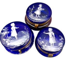 Trio Victorian Hand Decorated Mary Gregory Glass Pill Boxes. About 1.5 ' X 1.5'