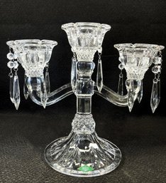 Shannon Crystal 'Celeste' Three Arm Candelabra With Hanging Prisms-Made In Slovakia