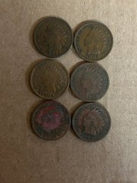 Lot Of 6 Indian Head Pennies Various Dates