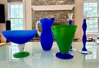 Kosta Boda Blue Crystal Vases & Pitcher Group