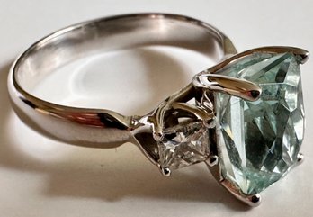 14K Natural Aquamarine & Diamond Cocktail Ring, Size 7.5 (See Last Photo's Description)