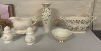 Lenox Glided Garden Basket Bowl, Vase, Pfaltzgraff Tea Rose Set Of Salt & Pepper Shakers & Under Plate. KD/e4