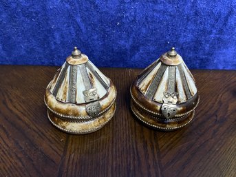 2 Piece Ornate Bone Brass Wood Sudha Round Trinket Box