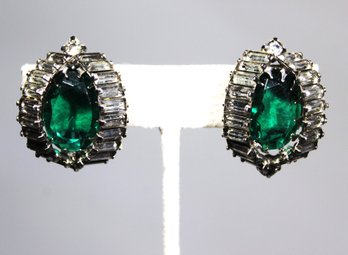 Super Fine Vintage Rhinestone Designer Clip Earrings Baguettes And Green Stones