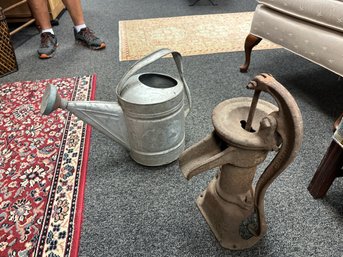 Antique Water Pump And Antique Galvanized Watering Can