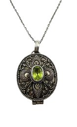 Sterling Silver Dainty Chain Necklace With Oval Antique Locket And Peridot Center Gemstone