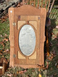 ANTIQUE OAK AND RATTAN MEDICINE CABINET AND TOILET PAPER HOLDER