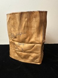 Vintage 70s Ceramic Brown Paper Shopping Bag Vase