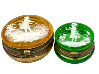 Pair Of Antique Mary Gregory Hand Decorated Pill Boxes.