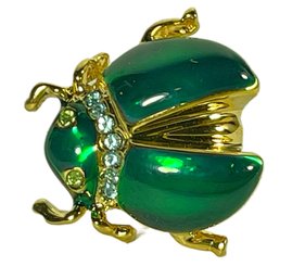 Green Beetle Bug Brooch Pin Enamel Rhinestone Gold Tone