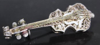 Antique Sterling Silver Detailed Filigree Brooch Of A Violin